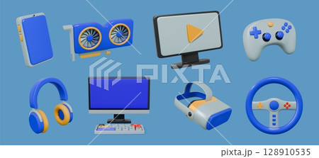 3D gadgets. Video game headphones. Electronic technology equipment. Laptop screen. Computer keyboard. VR gamer device. Videogame control joystick. Vector hardware render objects set 3D gadgets. Video game headphones. Electronic technology equipment. Laptop screen. Computer keyboard. VR gamer device. Videogame control joystick. Vector hardware render objects set 128910535