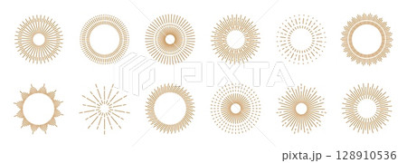 Sun light. Line round rays, sunbeam golden, sparkle and burst gold emblem. Vintage firework shape, retro sunburst. Round frames isolated decorative graphics. Logo design. Vector outline set 128910536