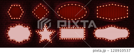 Circus sign. Light Broadway signboard at brick wall. Carnival marquee billboards. Red casino stage or cinema neon bulb. Theater boards. Night club glow. Vector illuminated borders set 128910537