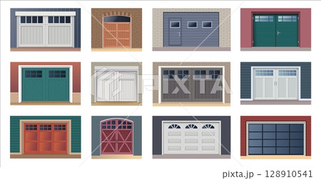 Garage doors. House gate. Home workshop or building parking. Warehouse entrance. Architecture exterior facade. Security doorway. Automatic shutter. Vector isolated car gateways set 128910541