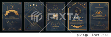 Moon frame. Magic horoscope. Astrology stars constellation and Sun celestial border. Future prediction brochure template. Esoteric planets wheel. Gold zodiac cards set. Vector line art 128910548