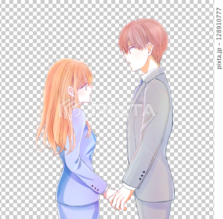 男女商人面對面，表情嚴肅，手牽手 128910777