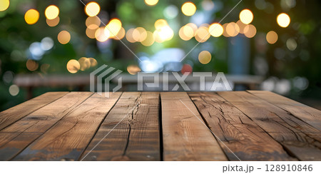 Natural Wooden Table with Blurred Bokeh Background - Ai Generated 128910846