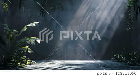 Sleek Black and Grey Studio Background with Leaves - Ai Generated 128911050