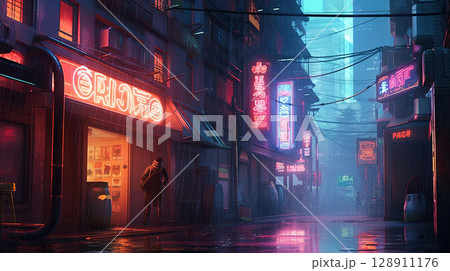 Cyberpunk street with glowing neon ads in sci-fi city. Futuristic cyberpunk street in the neighborhood. Generated AI 128911176