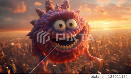 Giant monster from the sea attacking the city on the coast. Scary fairytale concept with Kraken. Generated AI. 128911182