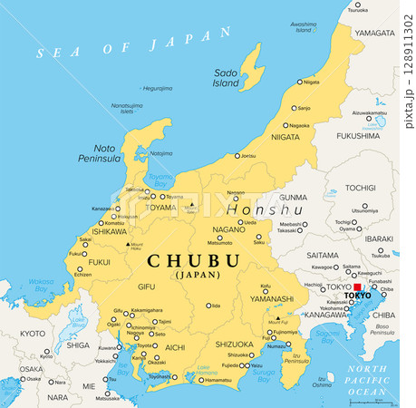 Chubu, region of Japan, political map. Also known as Central Region or Central Japan, a region in the middle of main island Honshu, encompassing nine prefectures. Map with capitals and largest cities. 128911302