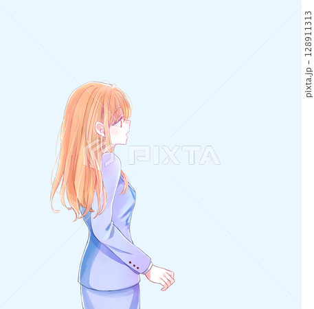 ぼんやりした女性会社員　ニーショット 128911313