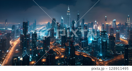 Futuristic cityscape at night - Ai Generated 128911495