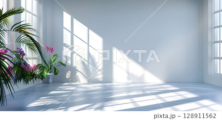 Abstract studio background for product presentation room with shadows, flowers - Ai Generated 128911562