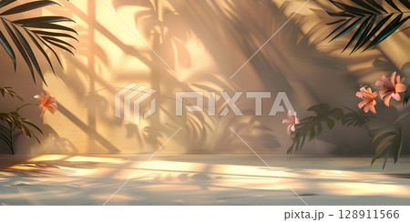 Abstract studio background for product presentation room with shadows, flowers - Ai Generated 128911566