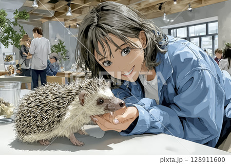 ハリネズミカフェ　ハリネズミと触れ合う女性のイラスト素材 128911600
