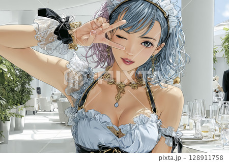 メイドカフェ　笑顔でVサインをする女性のイラスト素材 128911758