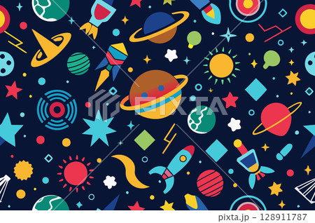 Seamless pattern from different space objects on dark background. Vector illustration. 128911787