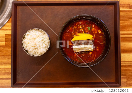 Korean traditional food. yukgaejang, hot spicy meat stew Korean traditional food. yukgaejang, hot spicy meat stew 128912061