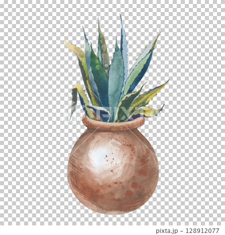 Watercolor illustration of aloe vera grown in a round clay pot. The botanical illustration is isolated on a white background. Gardening. A house plant. Clipart. 128912077