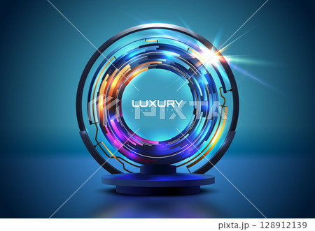 Abstract round 3d blue podium with technology circle glow rings on background. Blue purple light effect. Vector blue wall background mockup for product presentation. Realistic stage showcase scene 128912139