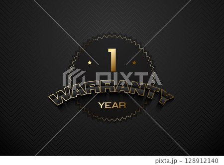 Warranty tag label stamp, black gold one year luxury patch. Guaranteed gold badge banner in gold and black seal or label vector icon 128912140