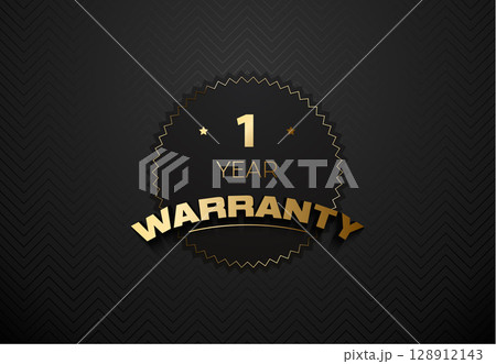 Warranty tag label stamp, black gold one year luxury patch. Guaranteed gold badge banner in gold and black seal or label vector icon 128912143