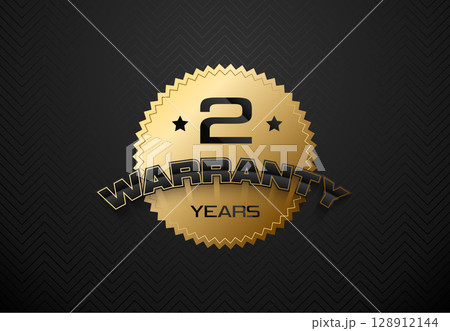 Warranty tag label stamp, black gold two years luxury patch. Guaranteed gold badge banner in gold and black seal or label vector icon 128912144