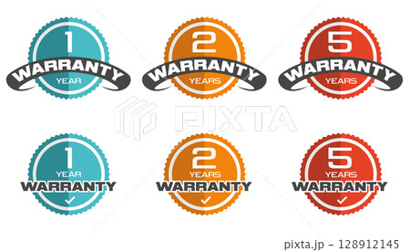 Warranty tag label stamp, flat colors one, two, rive year patch collection. Guaranteed badge with banner in flat design seal or label vector icon 128912145