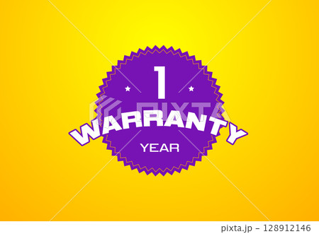 Warranty tag label stamp, purple violet one year patch on bright yellow background. Guaranteed badge with banner in flat design seal or label vector icon 128912146