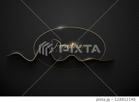 Golden curve line black luxury banner. Golden text on black ellipse label frame. Smooth curved gold line decor. Black geometric zigzag pattern background. Luxury vector background illustration 128912148