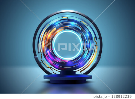 Abstract round 3d blue podium with technology circle glow rings on background. Blue purple light effect. Vector blue wall background mockup for product presentation. Realistic stage showcase scene 128912239