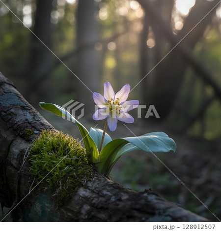 Delicate Purple Wildflower Blooming in Forest Dappled Light Among Moss and Fallen Log 128912507