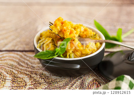 Healthy vegetable lunch with yellow pea porridge Healthy vegetable lunch with yellow pea porridge 128912615