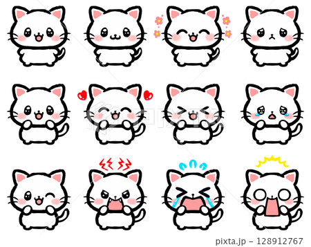 かわいいネコの喜怒哀楽落書き風イラスト素材セット 128912767