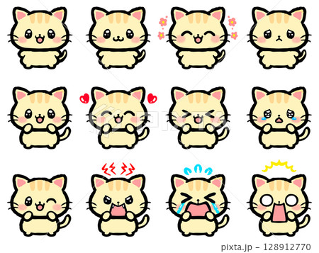 かわいいネコの喜怒哀楽落書き風イラスト素材セット3 128912770