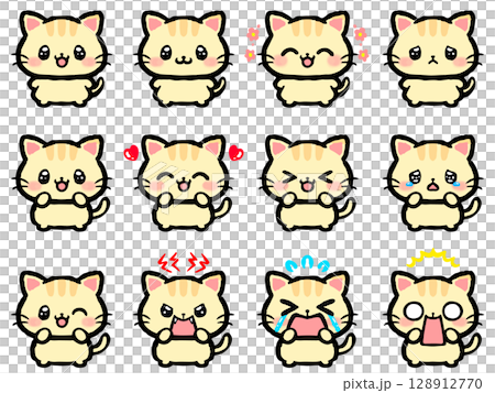 かわいいネコの喜怒哀楽落書き風イラスト素材セット3 128912770