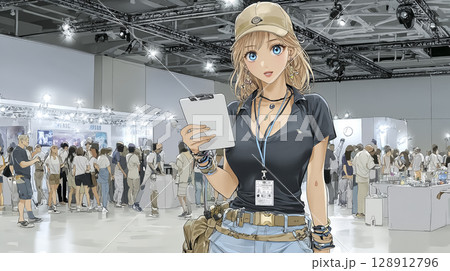 イベント会場で案内をする女性スタッフのイラスト素材 128912796