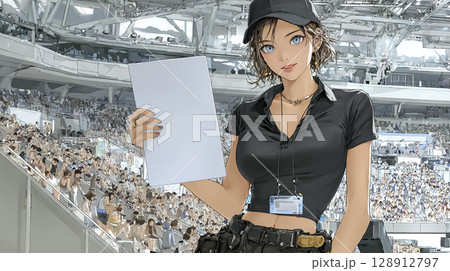スタジアムの座席へ誘導する女性スタッフのイラスト素材 128912797