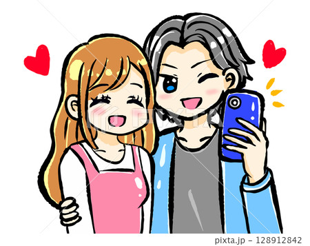デート中自撮りするカップルのイラスト素材 128912842