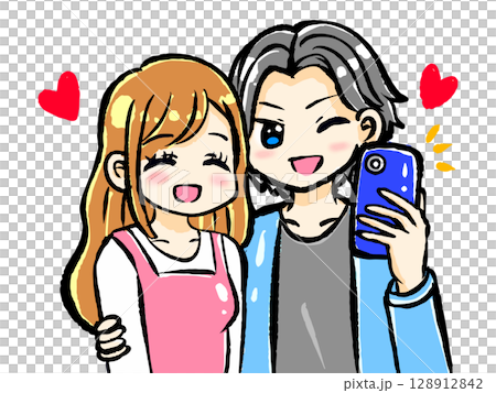 デート中自撮りするカップルのイラスト素材 128912842