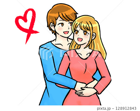 後ろからバックハグするカップルのイラスト素材 128912843
