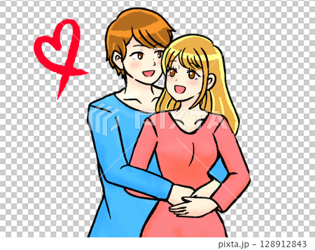 後ろからバックハグするカップルのイラスト素材 128912843