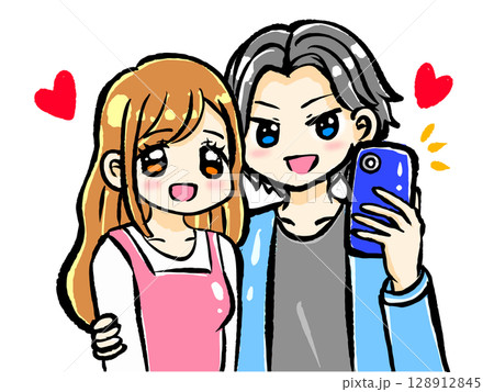 デート中自撮りするカップルのイラスト素材2 128912845