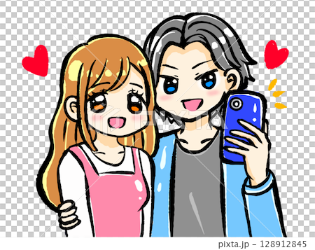 デート中自撮りするカップルのイラスト素材2 128912845