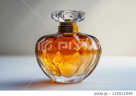 Perfume bottle with glossy on its glass surface, conveying elegance and sophistication. Ideal for high-end perfume advertisements. 128912940