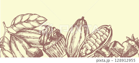 Seamless vector border with cocoa beans and chocolate. Vintage frame in sketch style 128912955