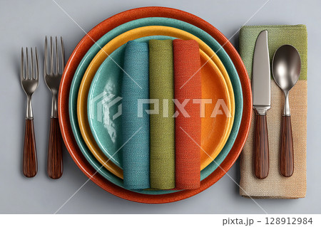 Colorful style. Kitchenware and dining products. Set for everyday dining, consisting of a fork, knife and spoon on a white background. 128912984