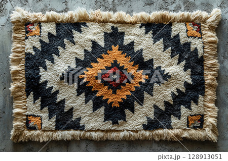 Handwoven rug texture with geometric print on a white background. Top view. Handwoven rug texture with geometric print on a white background. Top view. 128913051