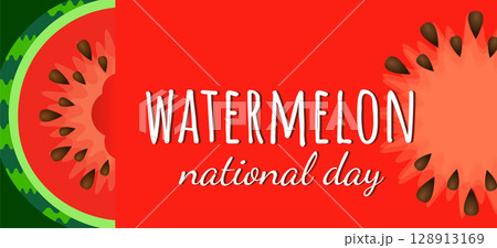 Summer sale horizontal background with cartoon watermelon on red background. Vector background. Summer sale horizontal background with cartoon watermelon on red background. Vector background. 128913169