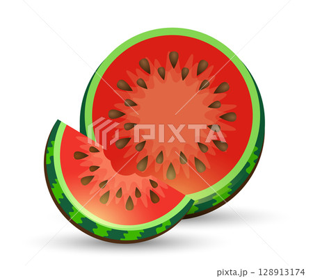 Watermelon and juicy watermelon slice vector illustration in flat design isolated on white. Vector illustration logo for whole ripe red fruit watermelon, cut half, sliced berry with red flesh. 128913174