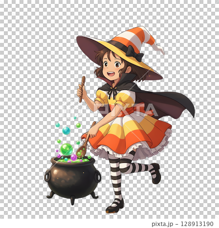 witch with magic wand and broom 128913190