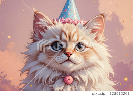 Birthday kitten in pastel party hat with sparkling confetti 128913261
