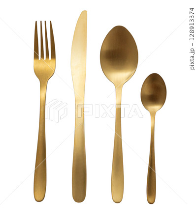 Golden cutlery set with fork, knife, and spoons on transparent background 128913374